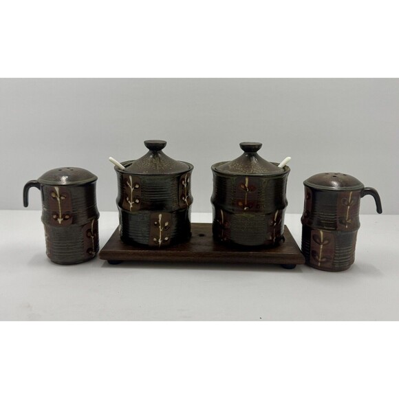 Japan Art Pottery Salt Pepper, 2 Jam Jars W/ Spoons MCM Boho Wood Pedestal Raku - Picture 1 of 12